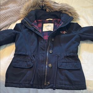 Hollister Navy Jacket with Faux Fur Hood medium